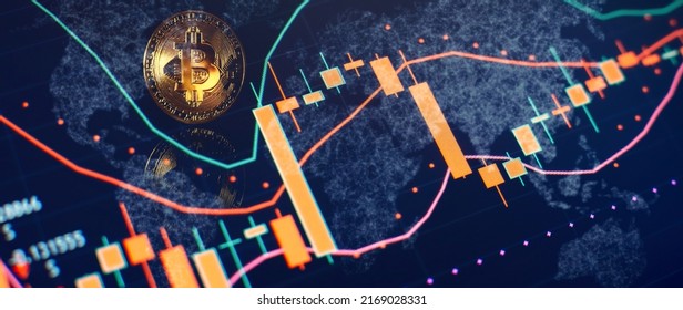 Bitcoins With Candle Stick Graph Chart And Digital Background. Mining Or Block Chain Technology.