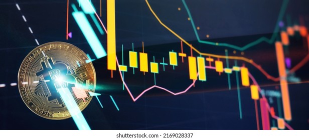 Bitcoins With Candle Stick Graph Chart And Digital Background. Mining Or Block Chain Technology.