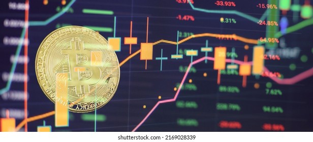 Bitcoins With Candle Stick Graph Chart And Digital Background. Mining Or Block Chain Technology.