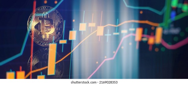 Bitcoins With Candle Stick Graph Chart And Digital Background. Mining Or Block Chain Technology.