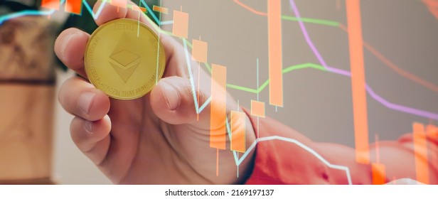 Bitcoins With Candle Stick Graph Chart And Digital Background. Mining Or Block Chain Technology.