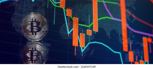 Bitcoins With Candle Stick Graph Chart And Digital Background. Mining Or Block Chain Technology.