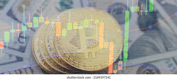 Bitcoins With Candle Stick Graph Chart And Digital Background. Mining Or Block Chain Technology.