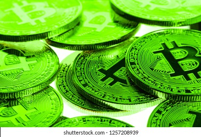 Bitcoins In Green Indicating A Positive Price Rise, Bull Run Or Bull Market Environment.