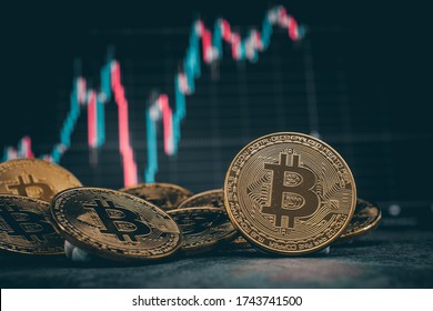 Bitcoins and New Virtual money concept. Gold bitcoins with Candle stick graph chart and digital background. Mining or block chain technology.