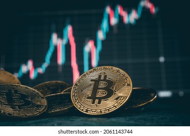 Bitcoins and New Virtual money concept. Gold bitcoins with Candle stick graph chart and digital background. Mining or block chain technology.
