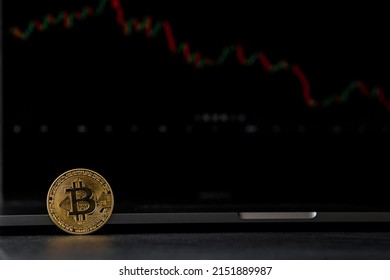 Bitcoins And New Virtual Money Concept. Gold Bitcoins With Candle Stick Graph Chart And Digital Background. Mining Or Block Chain Technology.