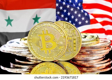 Bitcoins On Flag Syria And US Background. Concept For Investors In Cryptocurrency And Blockchain Technology In Syria And USA