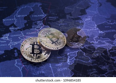 Bitcoins On World Map Background (Crypto Currency)