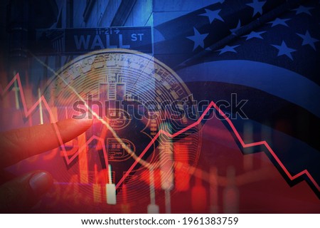 bitcons downtrends on wallstreet sign and usa flag,bitcoins cryptocurrency