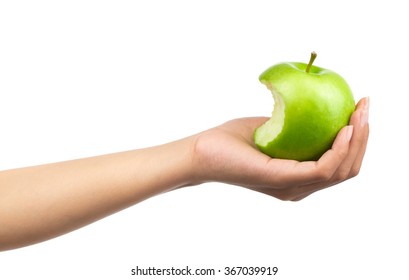 Bite Apple On Hand Isolated On White Background