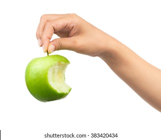 Bite Apple On Hand Isolated On White Background