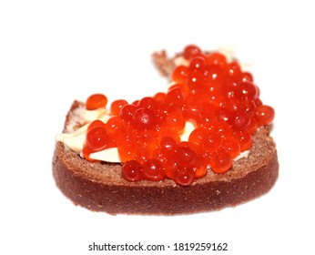 Bite Mark On The Surface Of A Sandwich Made Of Dark Bread And Red Caviar