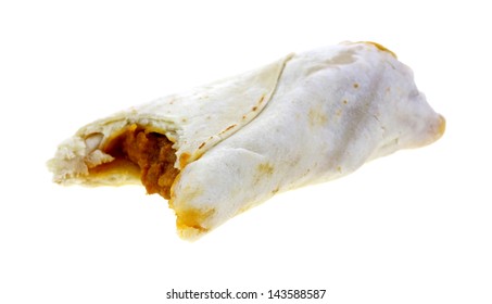 A  Bite Of A Single Burrito On White.