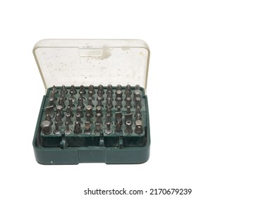 bits tool box. trasparent flip lid, green portable case, slotted, cross, torx, hex, and security bits. on white background