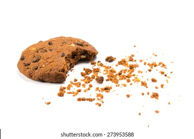 A Bitten Cookie With Crumbs, Isolated On White