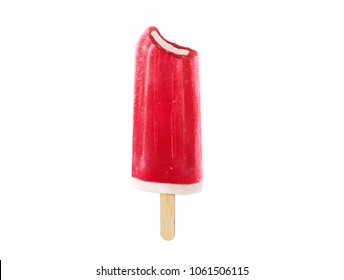 Bitten Fresh Red Strawberry or Raspberry Frozen Popsicle isolated on white with room for your text
