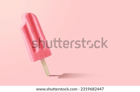 Bitten fruit and berry popsicle on pink background. Watermelon, strawberry and raspberry flavor. Empty space for text