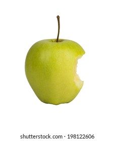Bitten green apple with stem on a white background