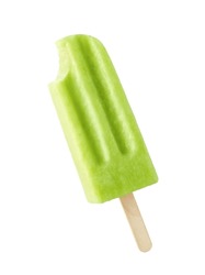 Bitten Green Fruit Popsicle Isolated On White Background. Apple, Lime And Pear Flavor