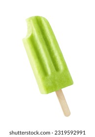 Bitten green fruit popsicle isolated on white background. Apple, lime and pear flavor