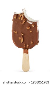 Bitten Ice Cream Bar With Chocolate Coating And Nuts Isolated On White Background.