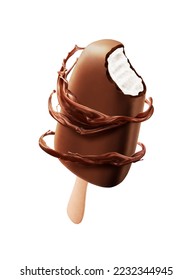 Bitten ice cream chocolate covered with chocolate splash swirl isolated on white background with clipping path. - Shutterstock ID 2232344945