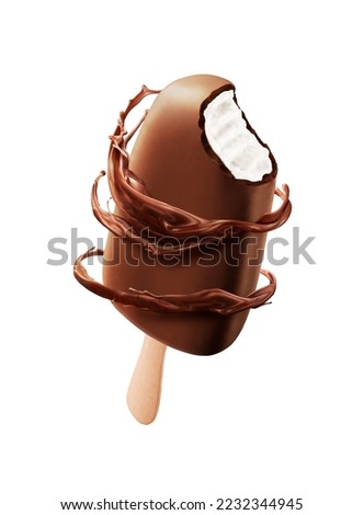 Bitten ice cream chocolate covered with chocolate splash swirl isolated on white background with clipping path.