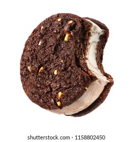 Bitten Ice Cream Sandwich With Chocolate Brownie Cookies Isolated On White Background. Clipping Path