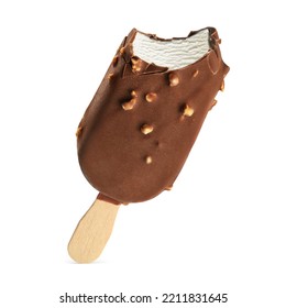 Bitten popsicle ice cream bar with chocolate coating and nuts isolated on white background. - Powered by Shutterstock