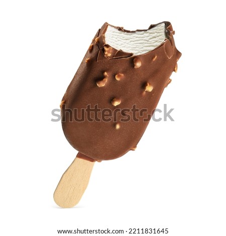 Bitten popsicle ice cream bar with chocolate coating and nuts isolated on white background.
