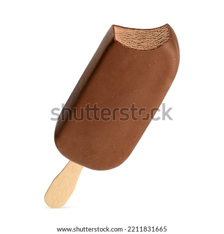 Bitten popsicle ice cream bar with chocolate coating isolated on white background.