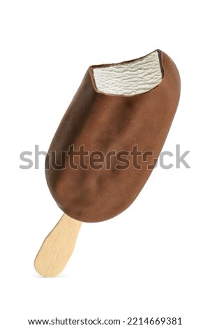 Bitten popsicle ice cream bar with chocolate coating isolated on white background.