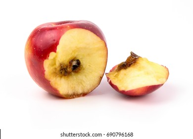 A bitten red apple rotten from inside isolated white background