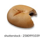 Bitten soft golden brown bread with chocolate jam inside isolated on white background. shoot from top view