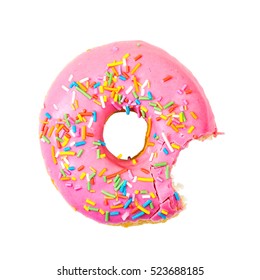 Bitten Strawberry Donut With Colorful Sprinkles Isolated On White Background. Top View.