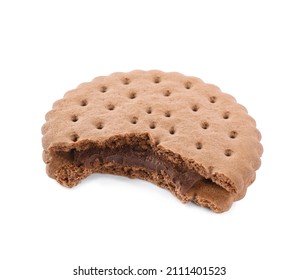 Bitten Tasty Chocolate Sandwich Cookie With Cream Isolated On White