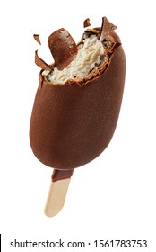 Bitten vanilla ice cream popsicle with chocolatey coating isolated on white background
