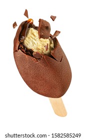 Bitten vanilla ice cream popsicle with chocolate coating isolated on white background
