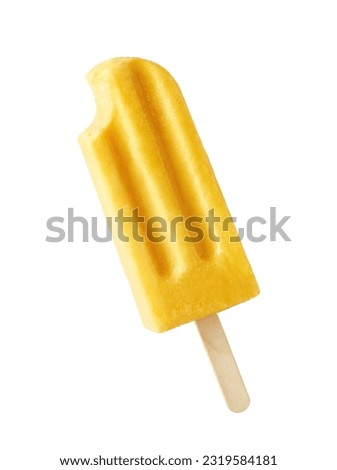 Bitten yellow fruit popsicle isolated on white background. Mango, passion fruit and pineapple flavor