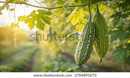 Bitter melon on tree in field, Bitter melon plant in field in natural blue sky background