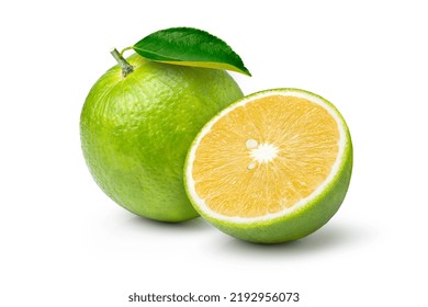 Bitter Orange (Aurantium Citrus Or Seville Orange) With Cut In Half Sliced And Green Leaf Isolated On White Background.