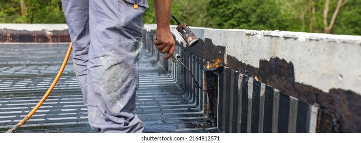 Bituminous Membrane Waterproofing System Details And Installation On Flat Rooftop.