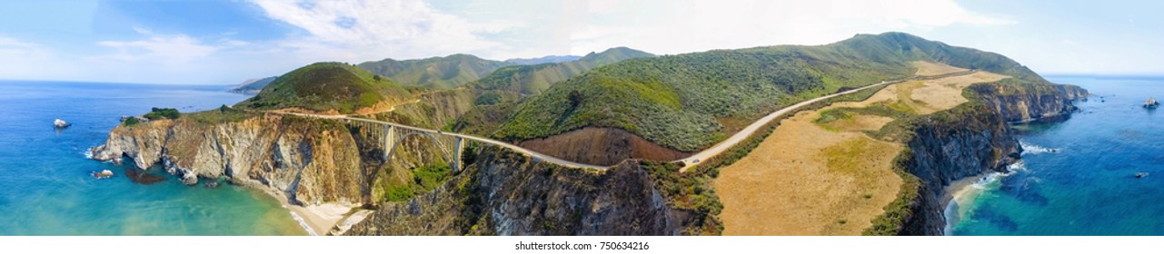 Bixby Bridge And Big Sur Aerial Panoramic View, California.