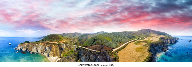 Bixby Bridge And Big Sur Aerial Panoramic View, California.