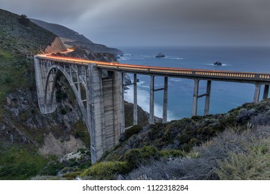 Bixby Bridge Lit By Car Light Trails. Big Sur, California, USA.