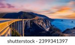 Bixby Bridge (Rocky Creek Bridge) and Pacific Coast Highway at sunset near Big Sur in California, USA