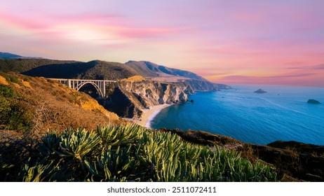 Bixby Bridge ,Rocky Creek Bridge  and Pacific Coast Highway at sunset near Big Sur in California, USA