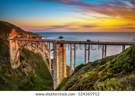 Bixby Bridge (Rocky Creek Bridge) and Pacific Coast Highway at sunset near Big Sur in California, USA. Long exposure.
