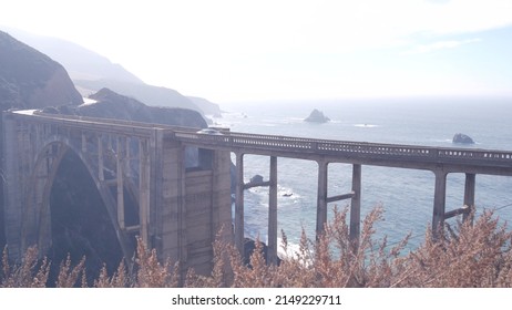 Bixby Creek Bridge, Arch Architecture. Pacific Coast Highway 1 Landmark. Historic Scenic Cabrillo Road. Coastal Road Trip, Journey Or Travel By Ocean. Canyon In Foggy Weather. California, Big Sur, USA